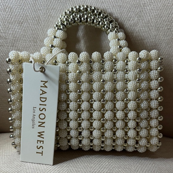 Madison West Handbags - Evening Bag Madison West Silver and Pearl Beaded Mini Bag